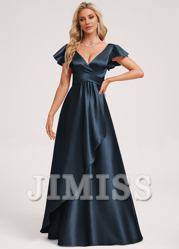 Ruffled A-line V-neck Floor-length Satin Bridesmaids Dress