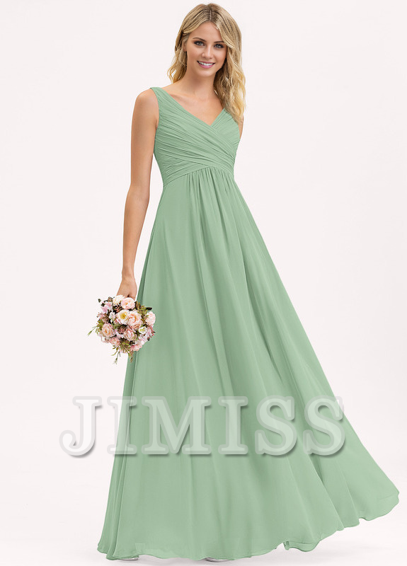 A-line V-neck floor-length chiffon pleated bridesmaid dress