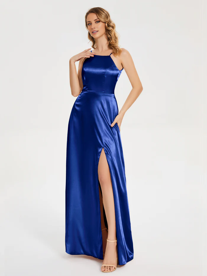 Thin shoulder strap slit backless soft satin and floor length bridesmaid dress