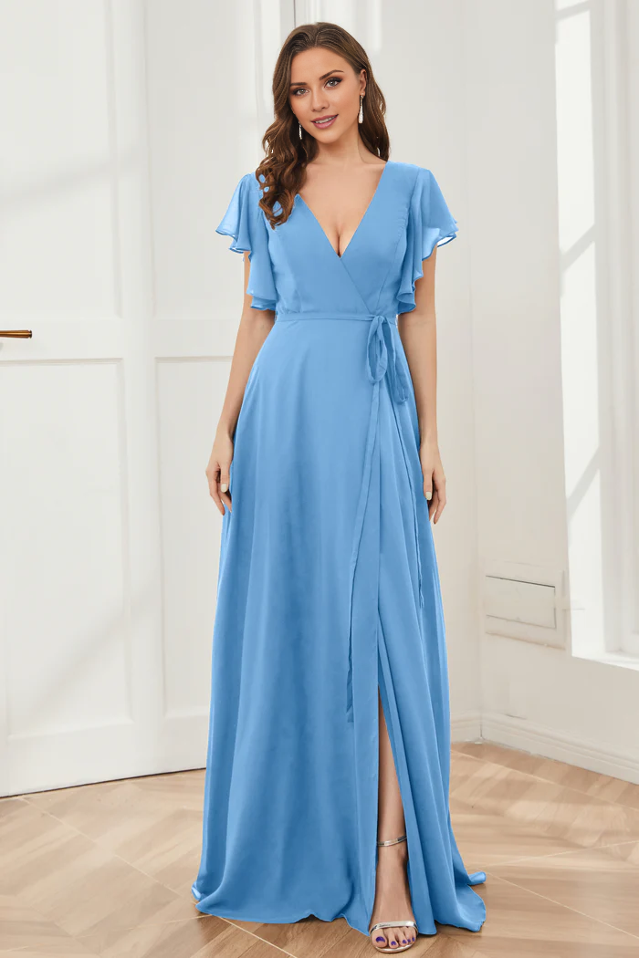 V-neck ruffled sleeve chiffon slit and floor length bridesmaid dress
