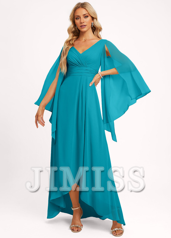 Ruffled A-line V-neck Asymmetric Chiffon Bridesmaids Dress
