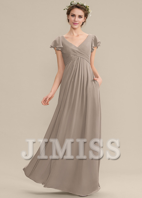 Tiered Ruffle A-Line V-Neck Floor-Length Chiffon Bridesmaids Dress