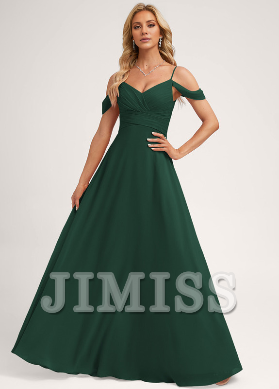A-line off-shoulder floor-length chiffon bridesmaid dress
