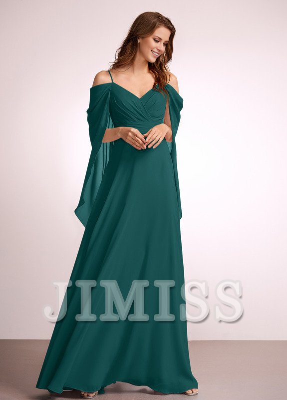 A-line off-shoulder floor-length chiffon bridesmaid dress