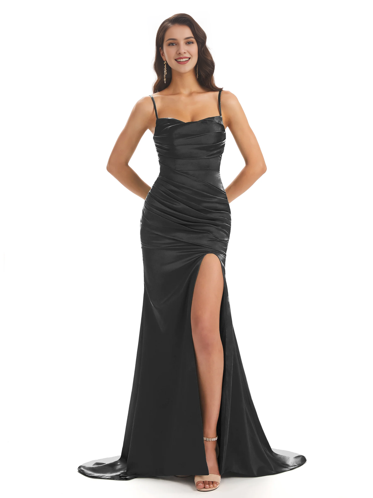 Sexy mermaid soft satin thin shoulder strap side slit bridesmaid dress