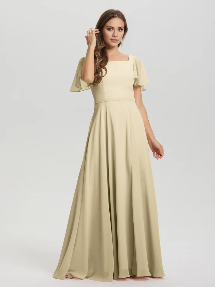 A-line square collar ruffled short sleeved and ground chiffon/ground length bridesmaid dress