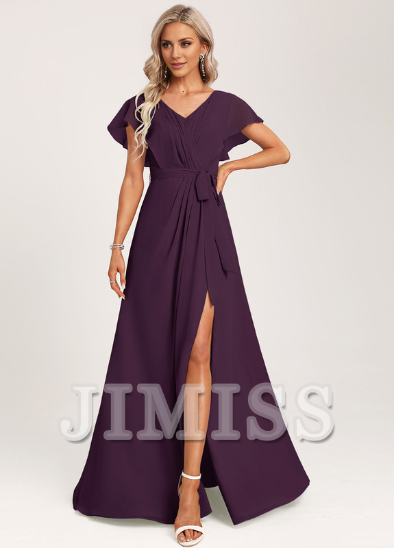 Ruffled A-line V-neck Floor-length Chiffon Bridesmaids Dress