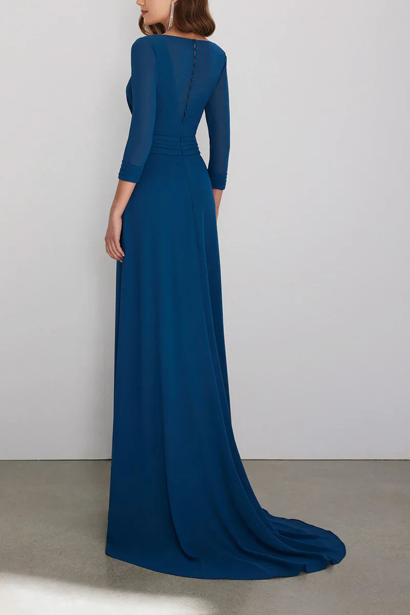 V-neck 3/4 sleeve A-line pleated train tailcoat mother of the bride dresses