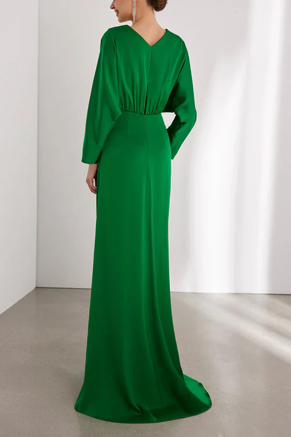 Minimalist V-neck long sleeved pleated slit mother of the bride dresses