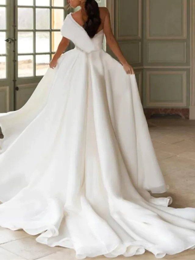 A-Line Wedding Dresses One Shoulder Sweep / Brush Train Chiffon Over Satin Short Sleeve Simple Modern with Split Front - RongMoon