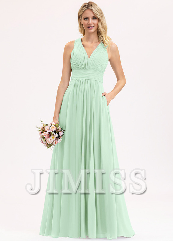 Bow Ruffle A-Line V-Neck Floor Length Chiffon Bridesmaids Dress