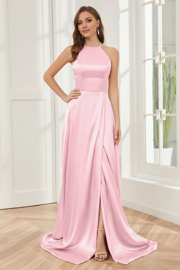 Column neck hanging soft satin and floor length bridesmaid dress