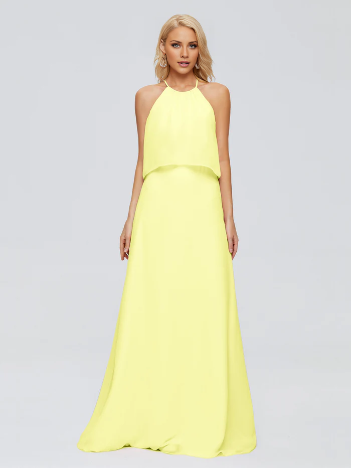 Post neck chiffon and floor length bridesmaid dress