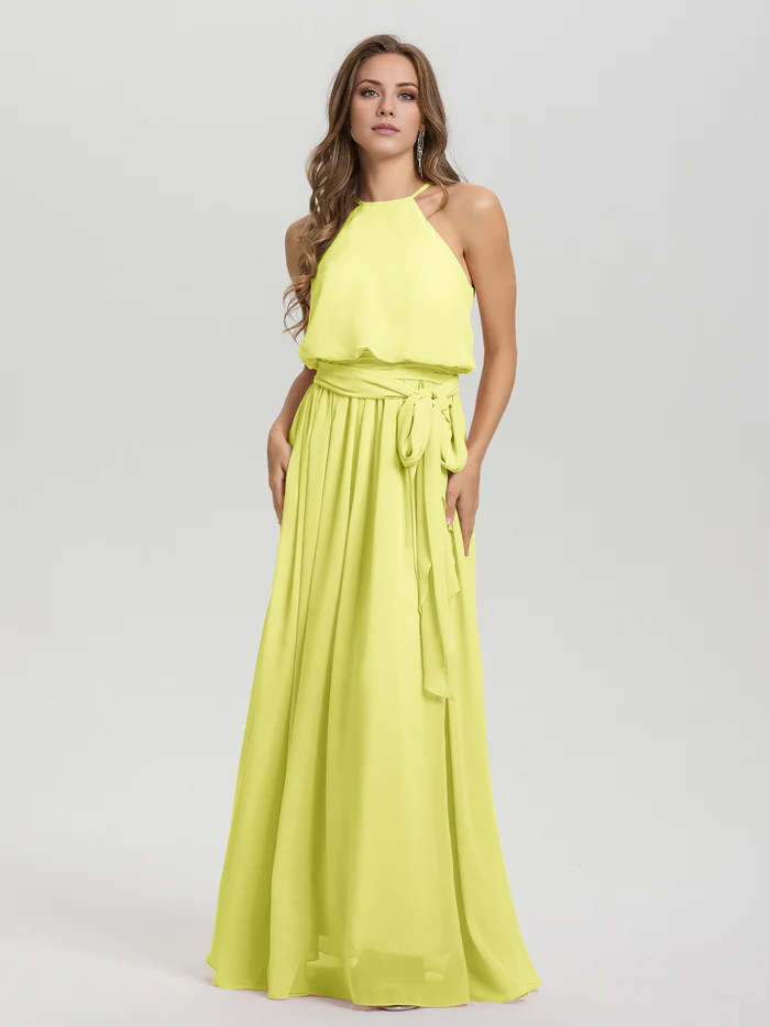 Hanging neck low round neck sleeveless chiffon and floor length Bridesmaid dresses