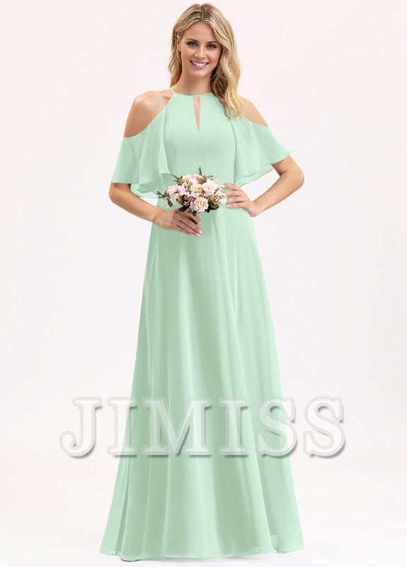 A-line off-the-shoulder scoop neck floor-length chiffon bridesmaid dress