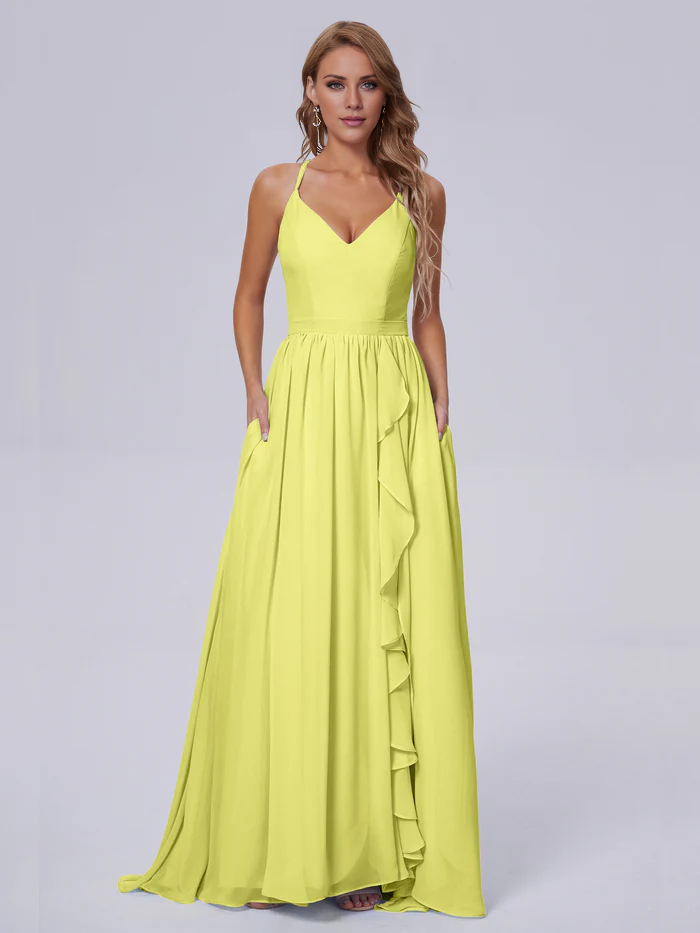 Elegant shoulder strap chiffon and floor length bridesmaid dress