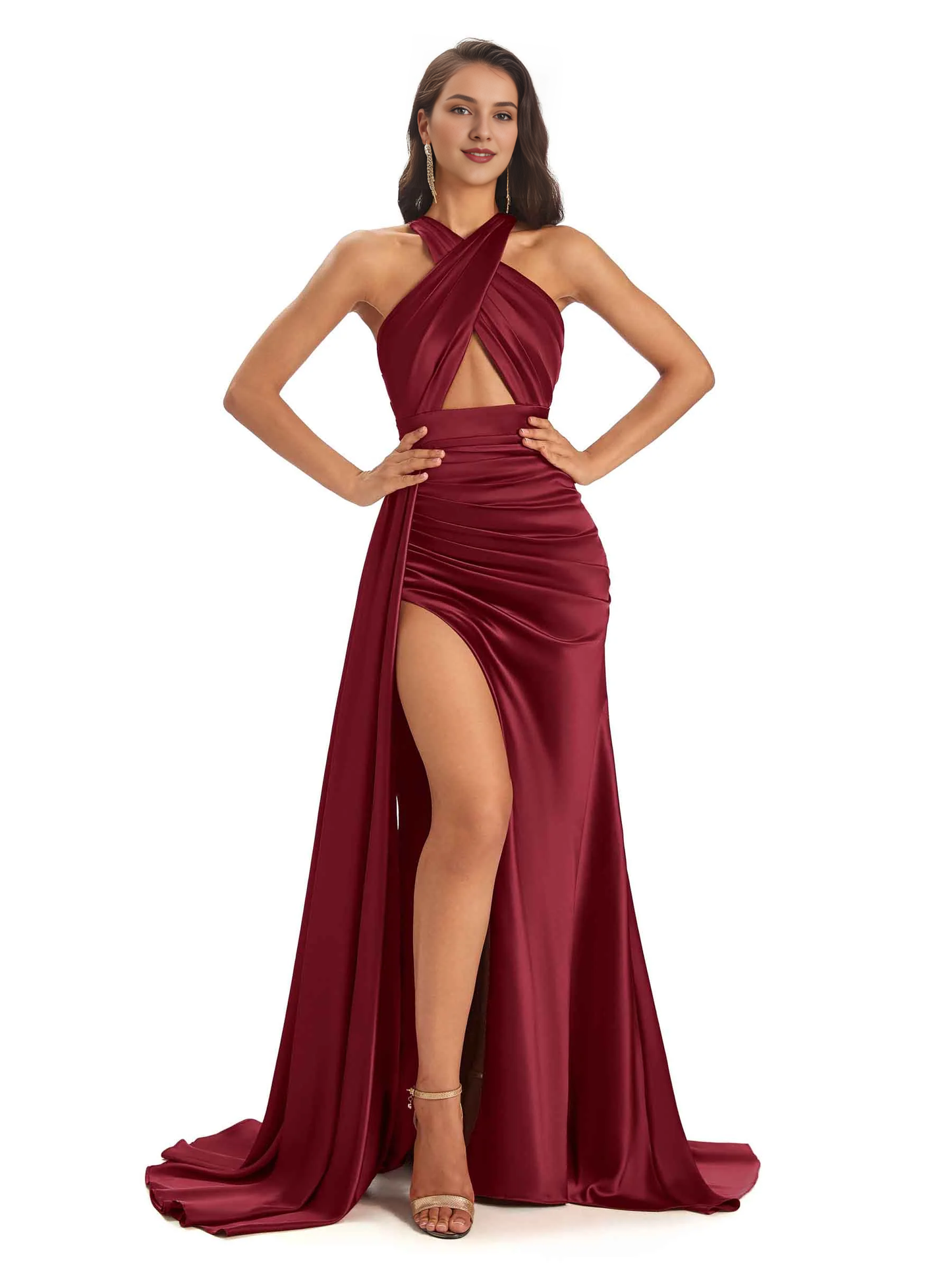 Sexy and soft satin hanging neck side slit and floor length fish tail bridesmaid dress
