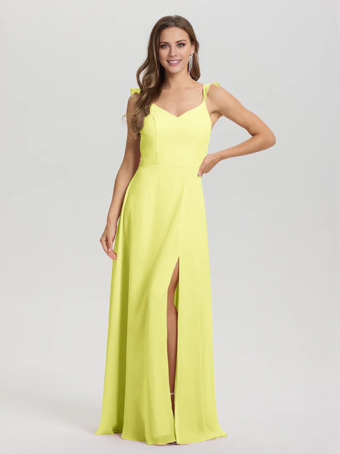 V-neck shoulder strap tied chiffon slit and floor length bridesmaid dress