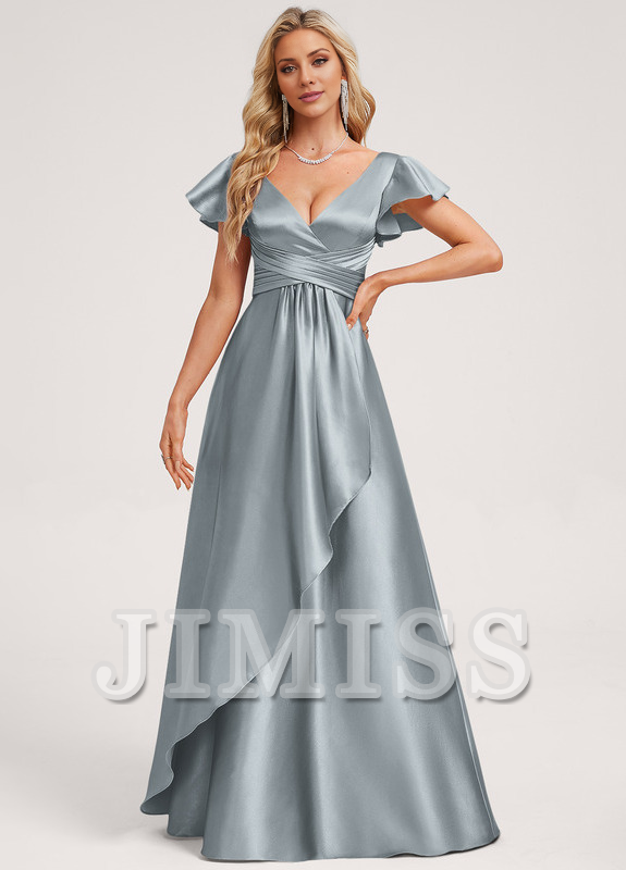 Ruffled A-line V-neck Floor-length Satin Bridesmaids Dress