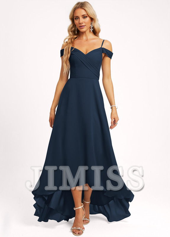 A-line off-shoulder asymmetric chiffon bridesmaid dress