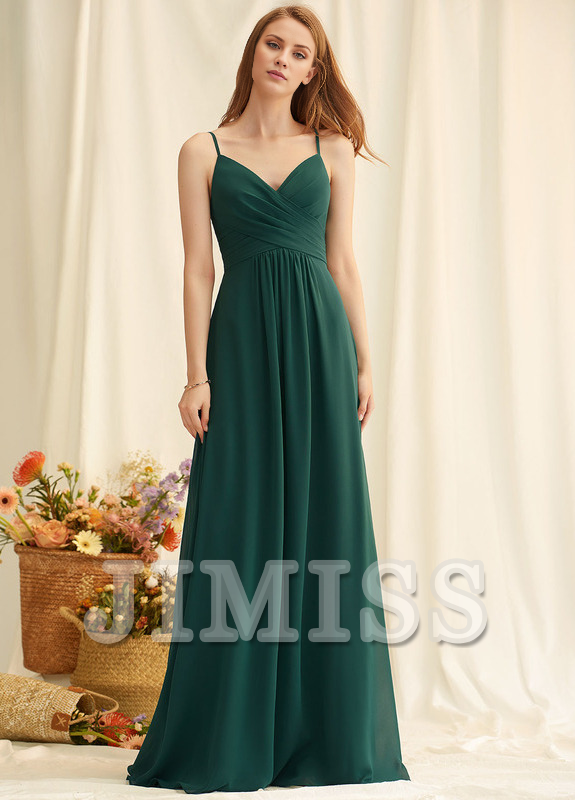 A-line V-neck floor-length chiffon pleated bridesmaid dress