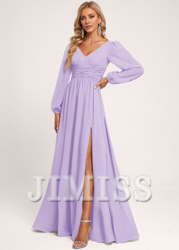 Ruffled A-line V-neck Floor-length Chiffon Bridesmaids Dress