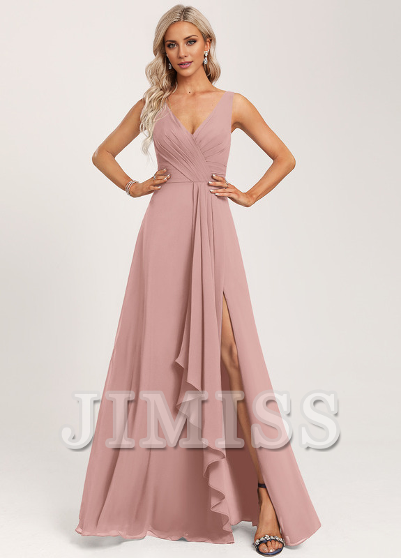 Ruffled A-line V-neck Floor-length Chiffon Bridesmaids Dress