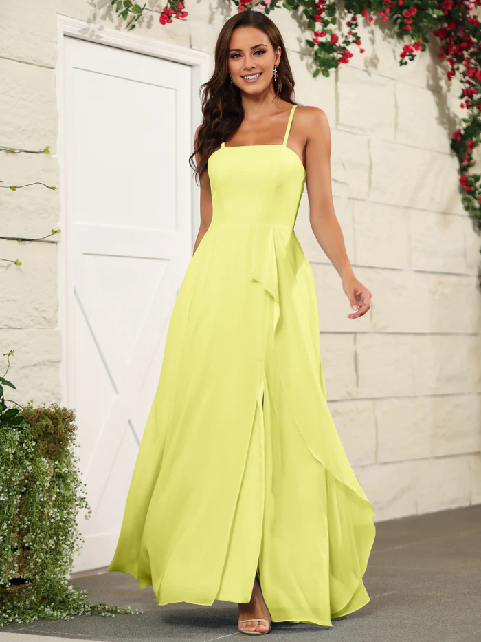 Beautiful chiffon thin shoulder strap and floor length bridesmaid dress