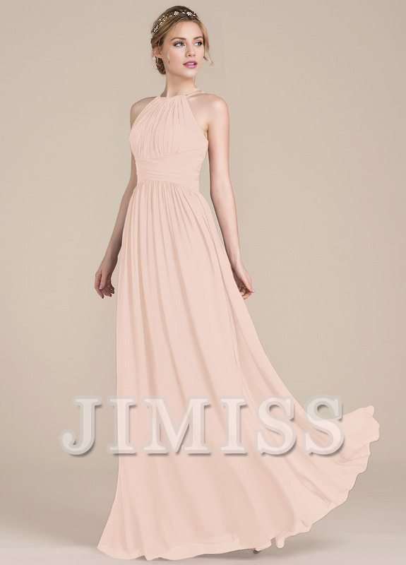 Lotus leaf A-line low round neck chiffon bridesmaid dress