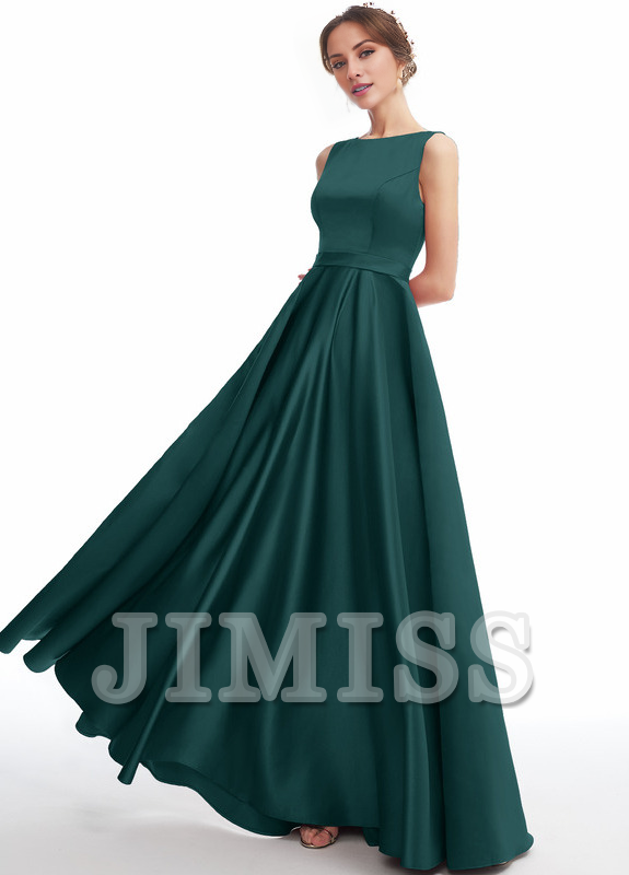 A-line Scoop Neck Floor Length Satin Bridesmaids Dress