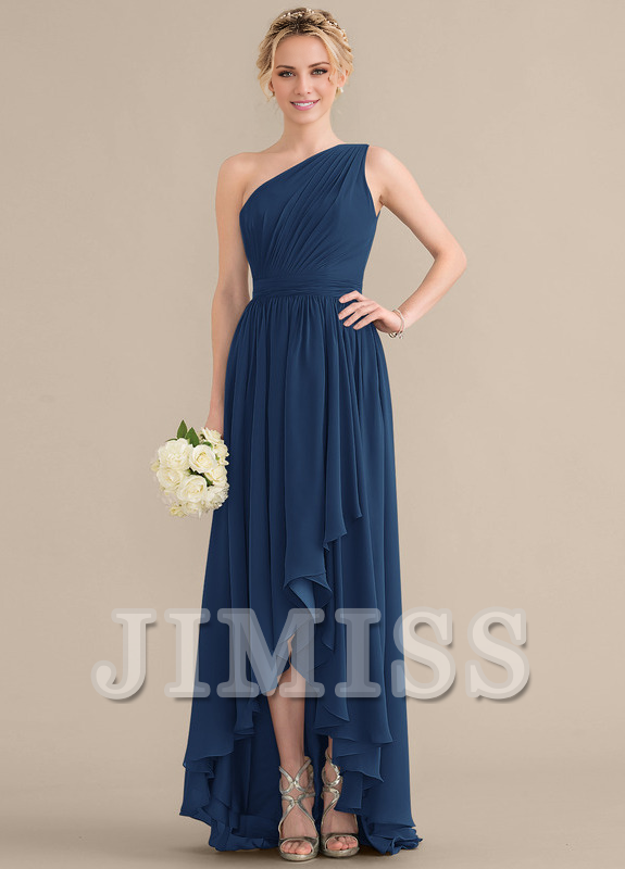 Tiered Ruffle A-Line One Shoulder Asymmetric Chiffon Bridesmaids Gown