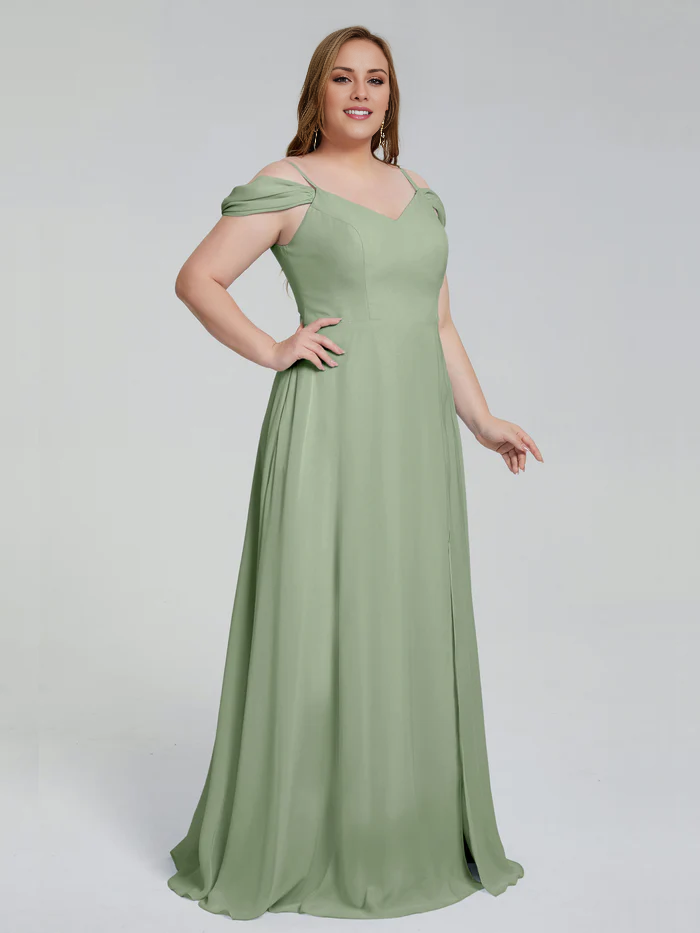 Thin shoulder strap plus size and floor length bridesmaid dress