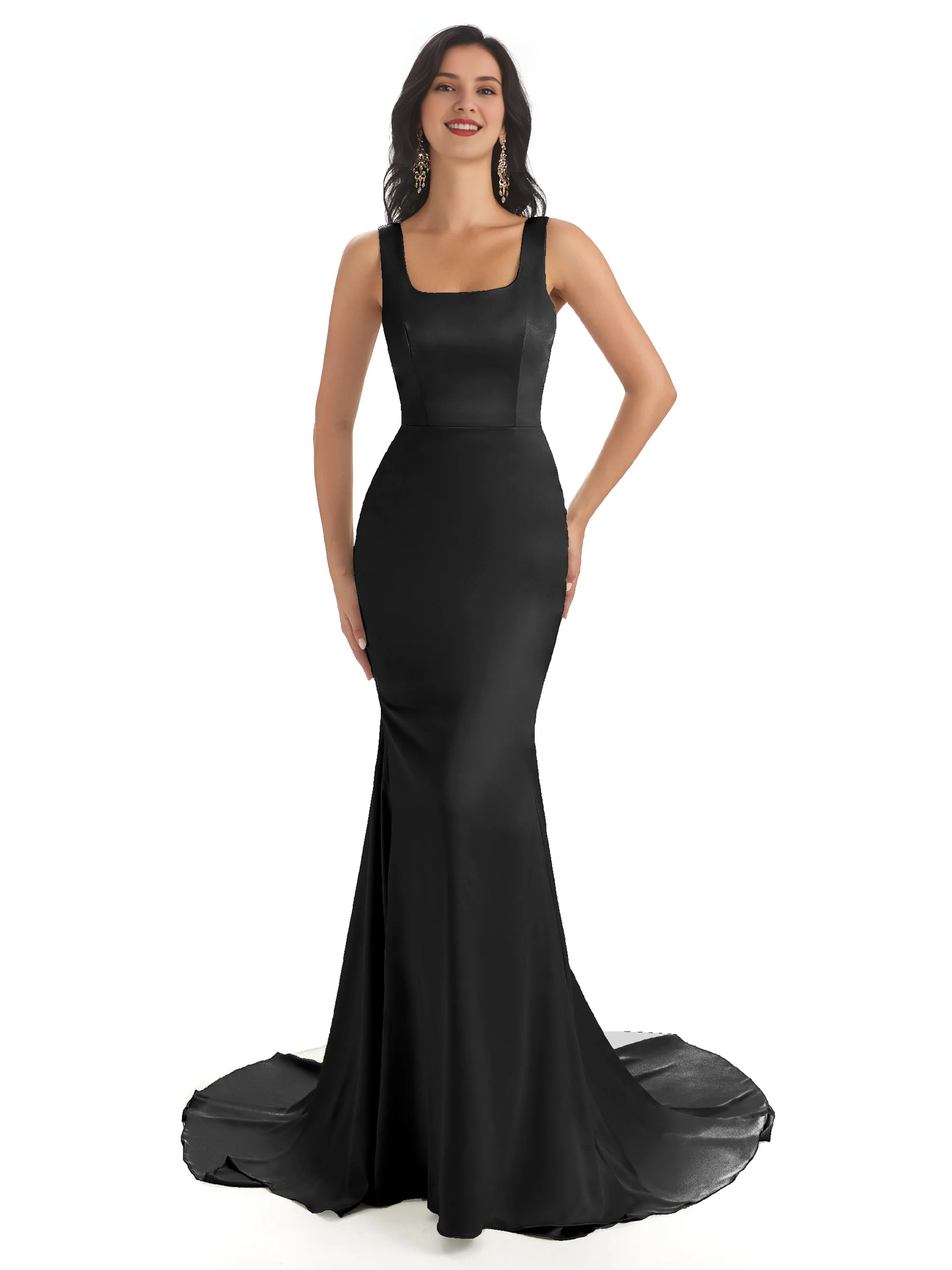 Soft satin unique square neck extra long fish tail bridesmaid dress