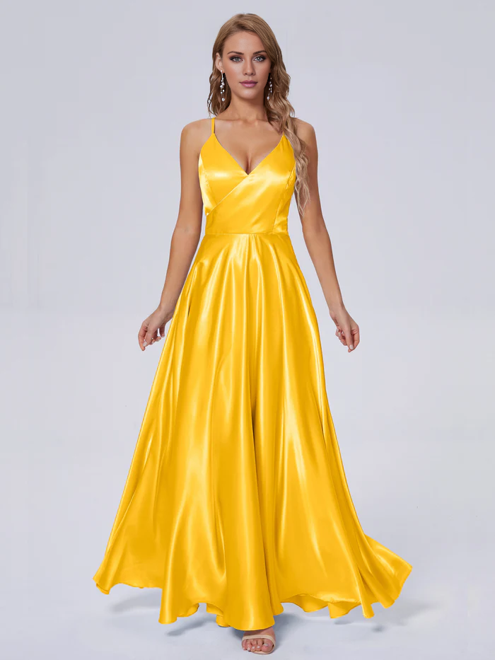 Elegant shoulder strap soft satin and floor length bridesmaid dress