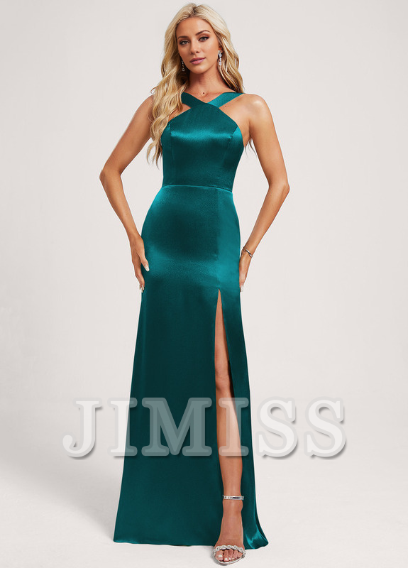 Trumpet/Mermaid Halter Neck Floor Length Satin Bridesmaid Dress