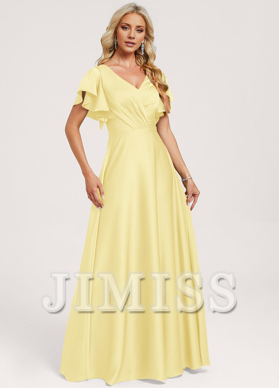 Ruffled A-line V-neck Floor-length Satin Bridesmaids Dress
