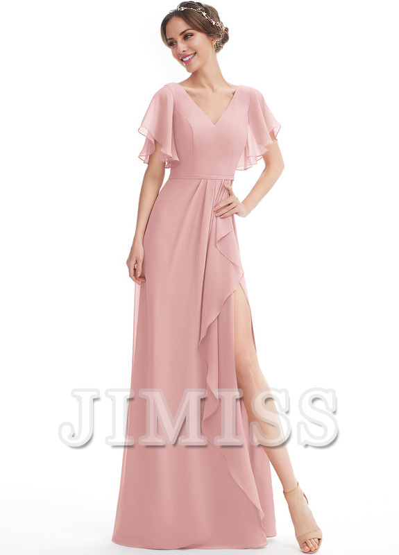 Ruffled A-line V-neck Floor-length Chiffon Bridesmaids Dress