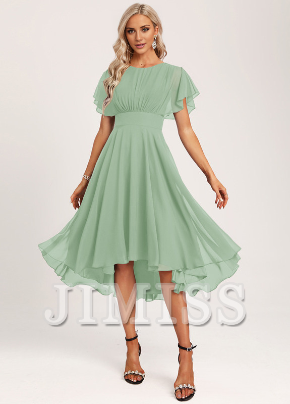 Ruffled A-line Spoon Asymmetric Chiffon Bridesmaids Dress