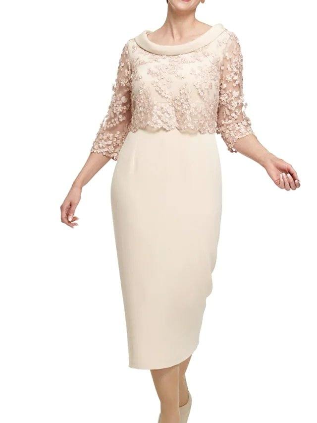 Sheath / Column Mother of the Bride Dress Elegant Jewel Neck Knee Length Lace Satin 3/4 Length Sleeve with Appliques - RongMoon