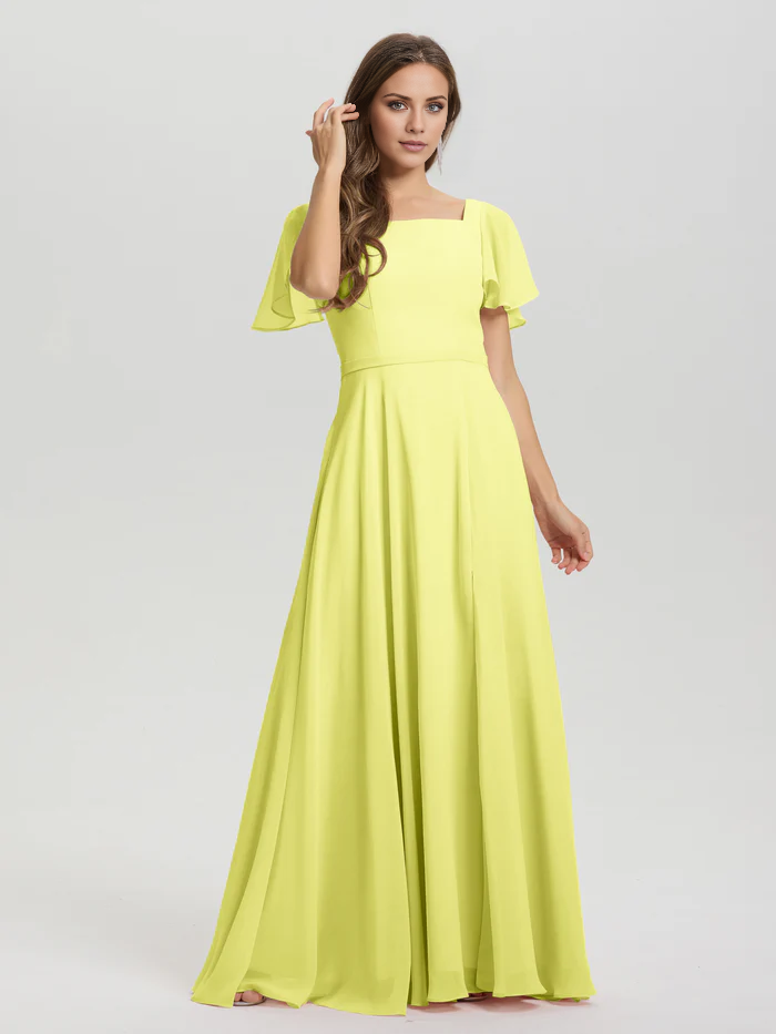 A-line square collar ruffled short sleeved and ground chiffon/ground length bridesmaid dress