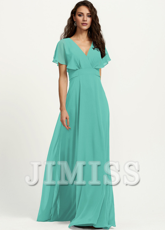 A-line V-neck floor-length chiffon bridesmaid dress