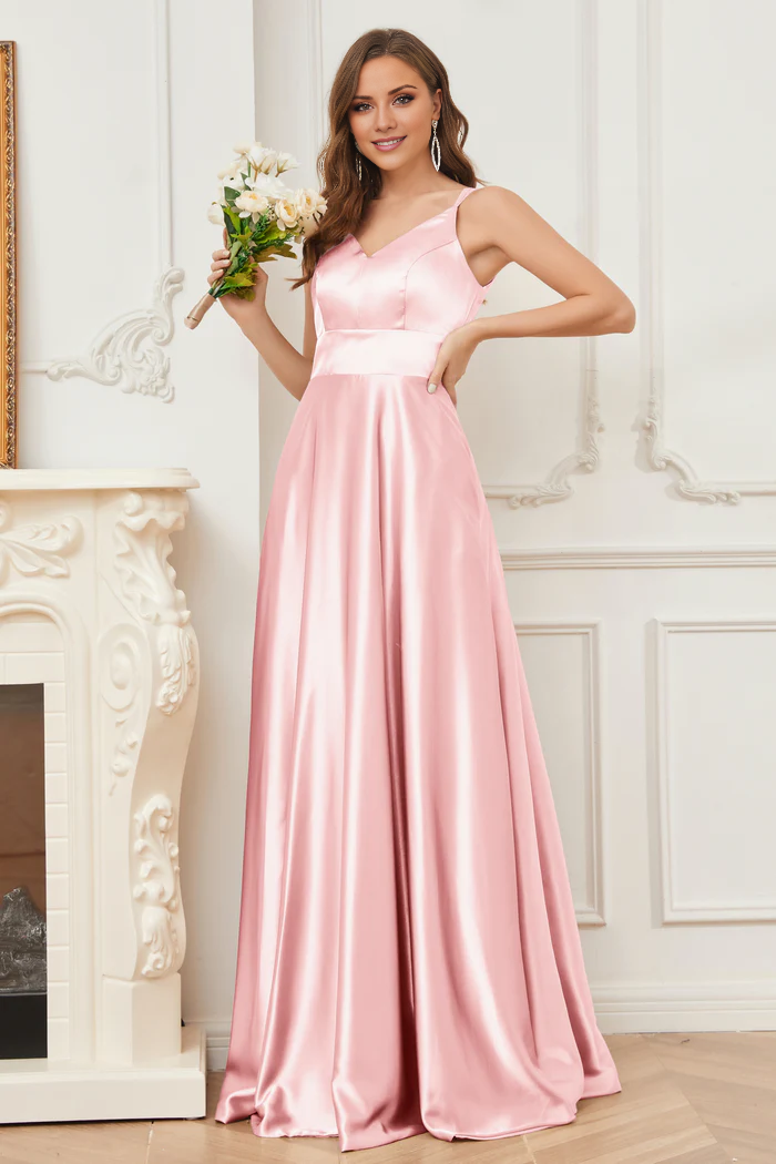Thin shoulder strap V-neck soft satin and floor length bridesmaid dress