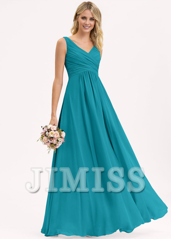 A-line V-neck floor-length chiffon pleated bridesmaid dress