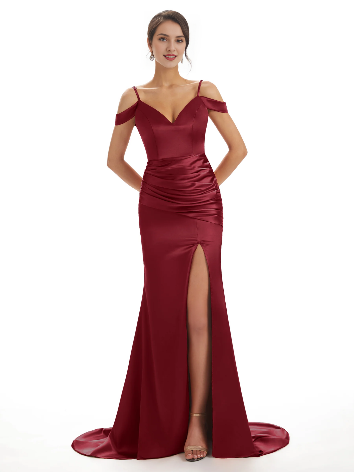 Sexy off shoulder soft satin side slit long fish tail bridesmaid dress
