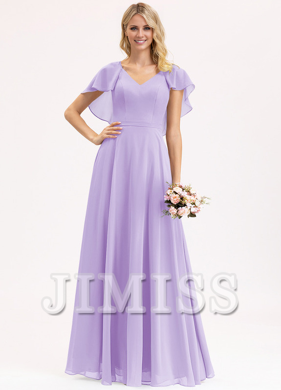 Tiered Ruffle A-Line V-Neck Floor-Length Chiffon Bridesmaids Dress
