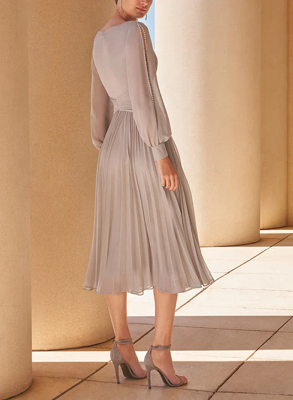 A-line/Princess V-neck long sleeved tea long chiffon mother of the bride dress