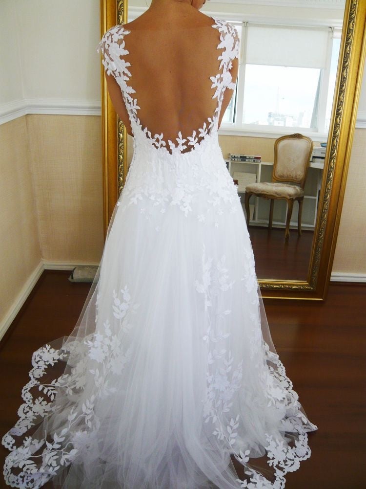 A-line Cap Sleeves Nude Back Tulle Wedding Dresses Lace Appliques