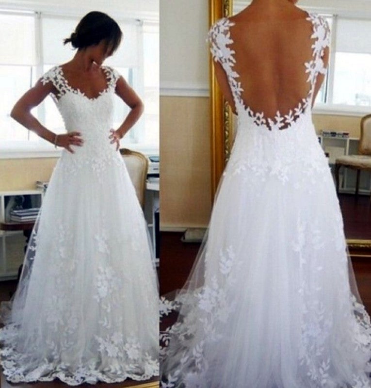 A-line Cap Sleeves Nude Back Tulle Wedding Dresses Lace Appliques