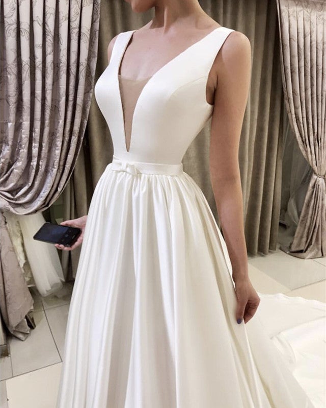 A-line Plunge Neck Floor Length Satin Wedding Dresses