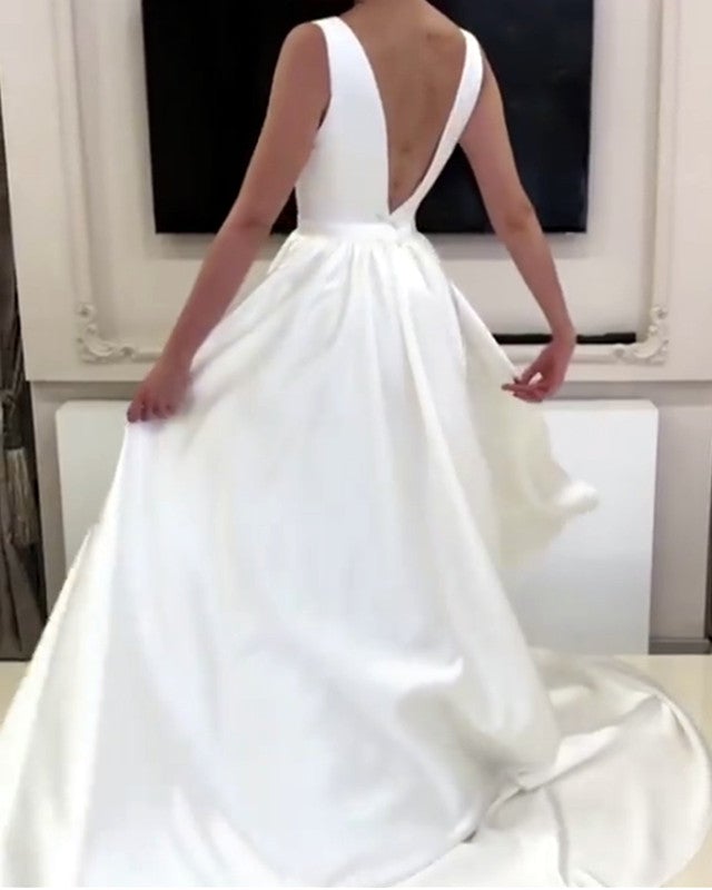 A-line Plunge Neck Floor Length Satin Wedding Dresses